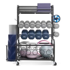 VEVOR Yoga Mat Storage Rack, Home Gym Workout Equipment Organizer, Powder Coated Finish Steel Yoga Mat Holder with Hooks & Wheels